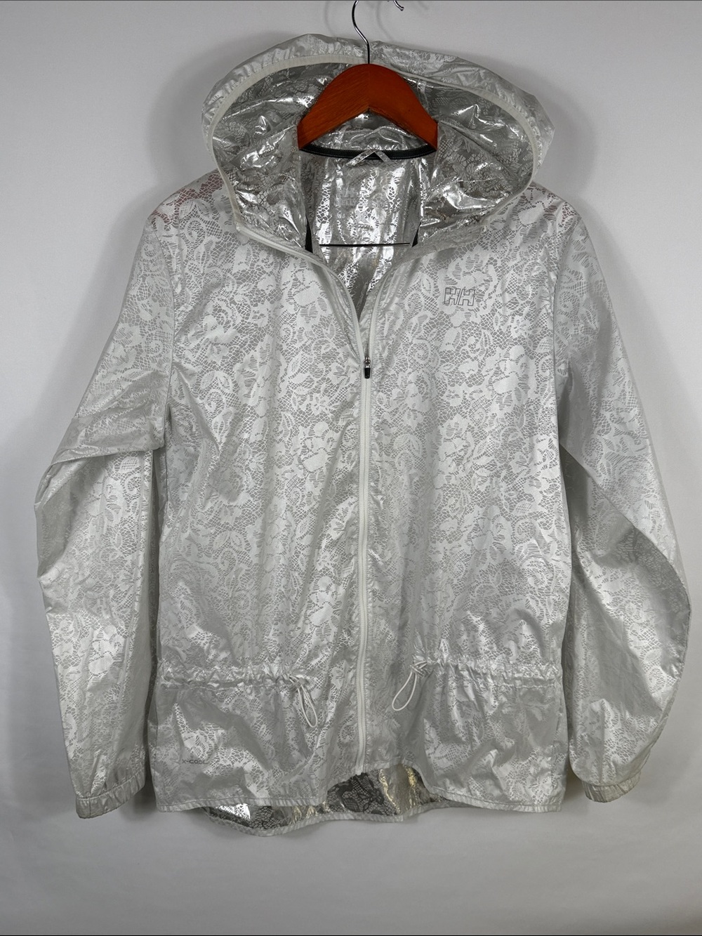 Helly Hansen White Hooded Lace Print Rain Jacket. Womens Size L. Cinch waist